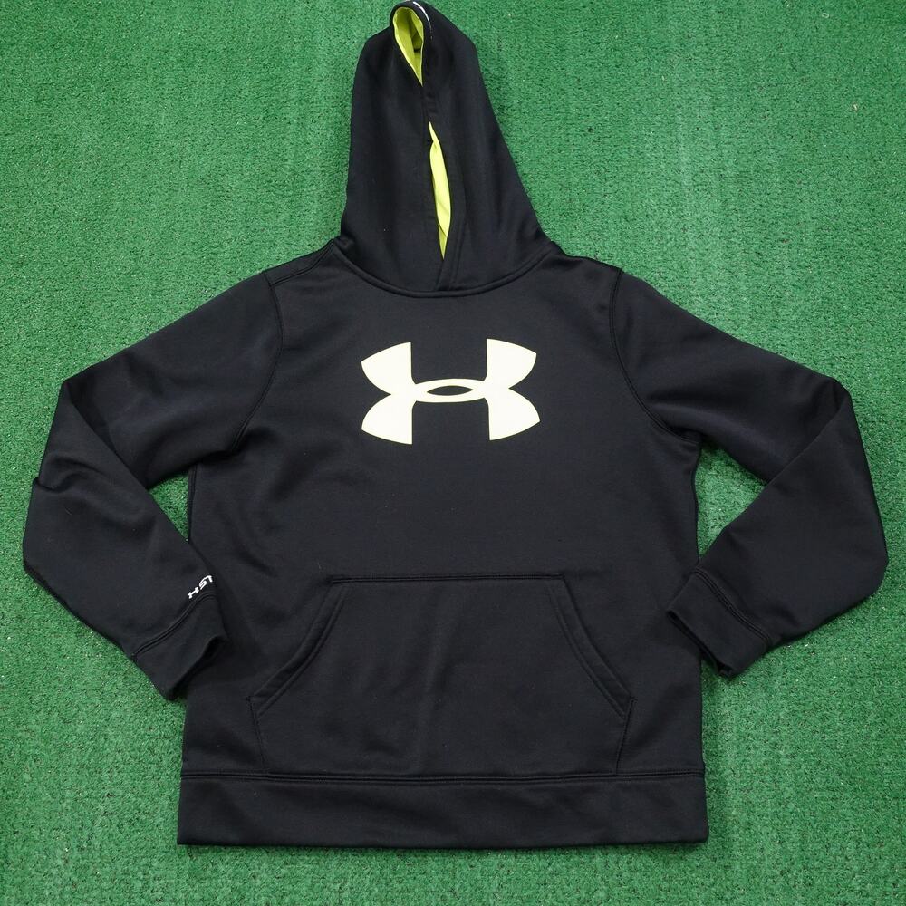 UNDER‎ ARMOUR STORM LOGO BLACK GREEN POLYESTER PULLOVER HOODIE YOUTH BOYS L YLG